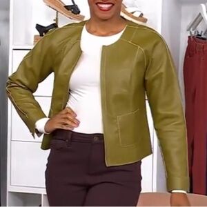 Attitudes by Renee 1X Reversible Faux Leather Jacket Golden Olive to Cream Snake